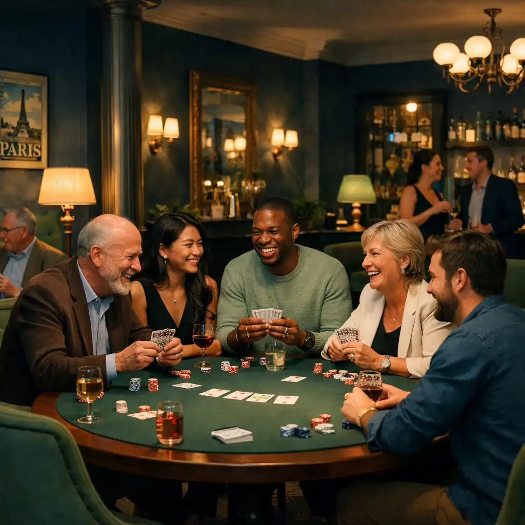 Ambiance de soirée poker conviviale dans un cadre élégant