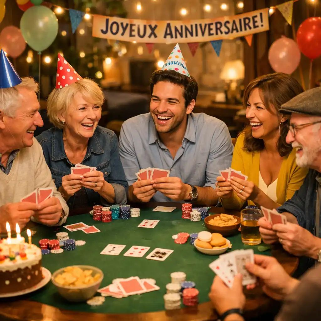 Groupe d'amis réunis autour d'une table de poker pour un anniversaire
