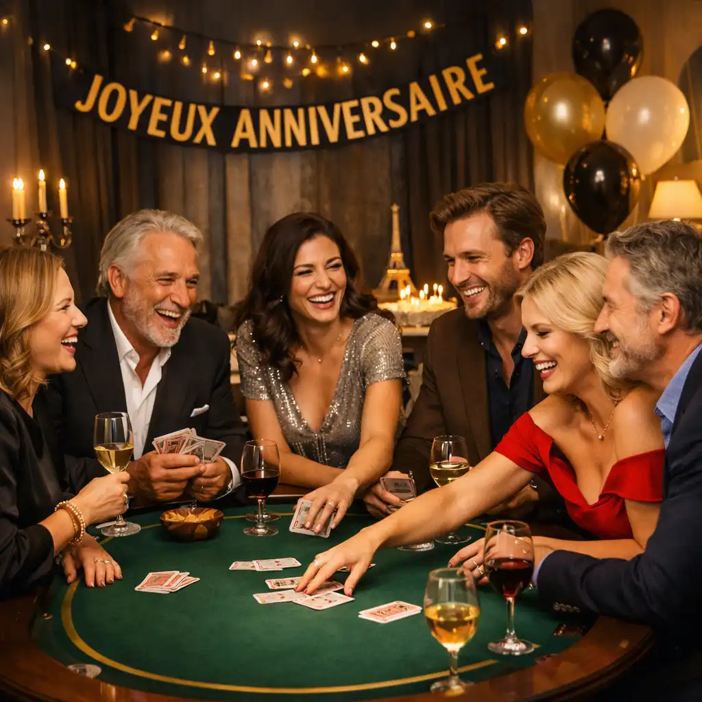 Ambiance d'anniversaire chic autour d'une table de poker