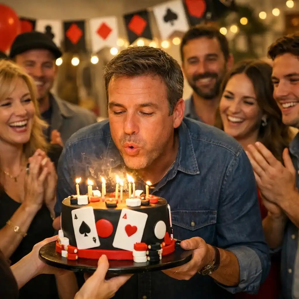Invité soufflant ses bougies d'anniversaire à côté d'une table de poker