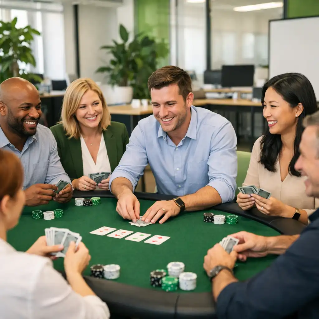 Collègues réunis autour d’une table de poker pour un team building Localorizon