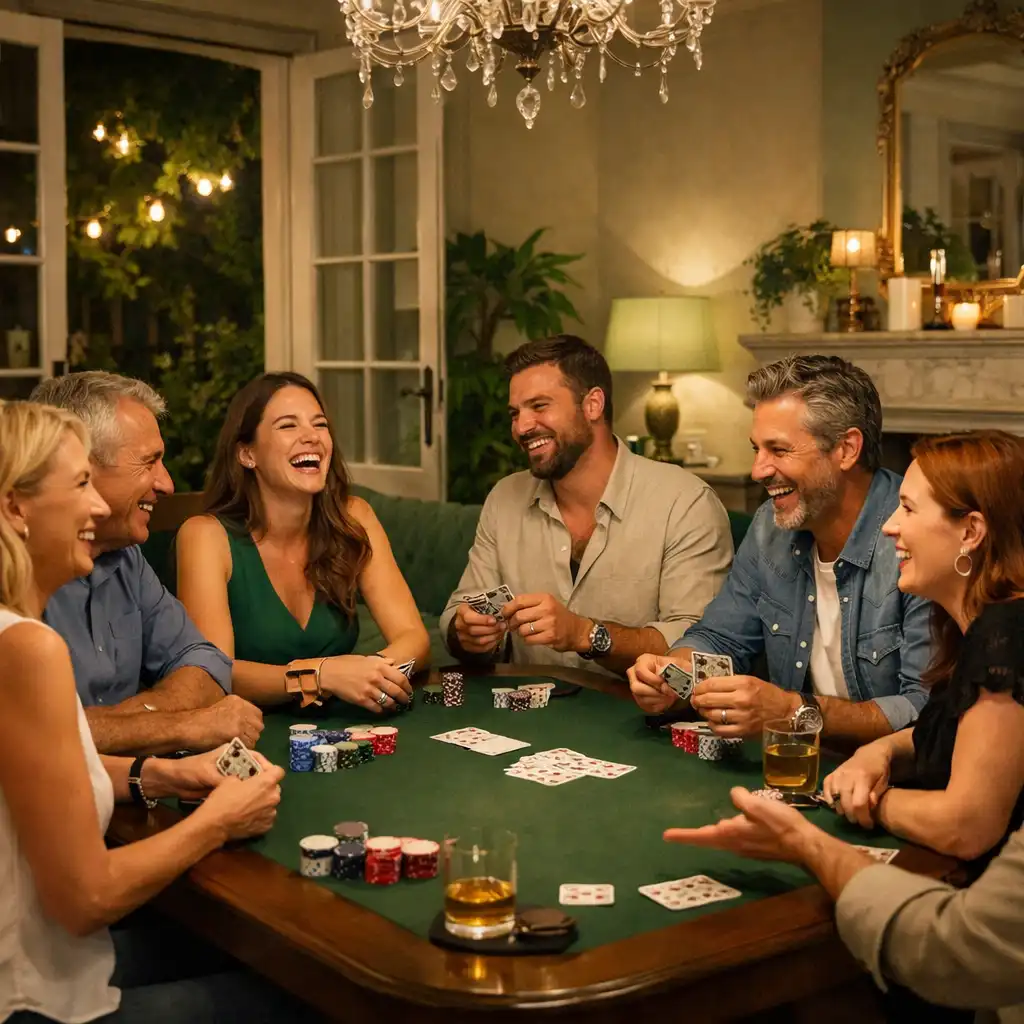 Invités souriants autour d'une table de poker lors d'une soirée privée