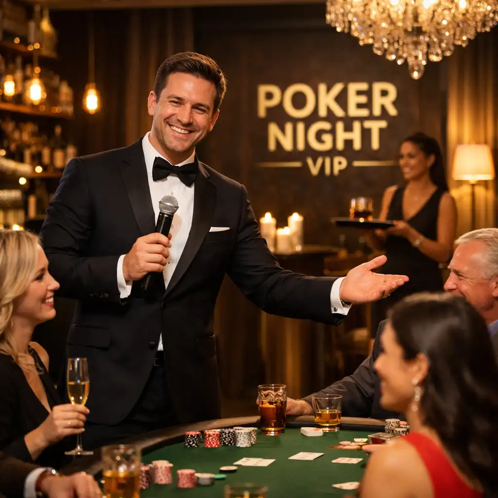 Animateur poker professionnel accueillant des invités lors d’une soirée VIP Localorizon