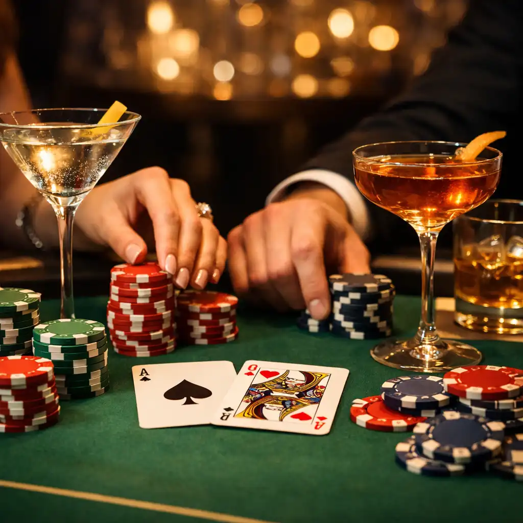 Table de poker VIP dressée avec jetons et cartes dans une ambiance feutrée
